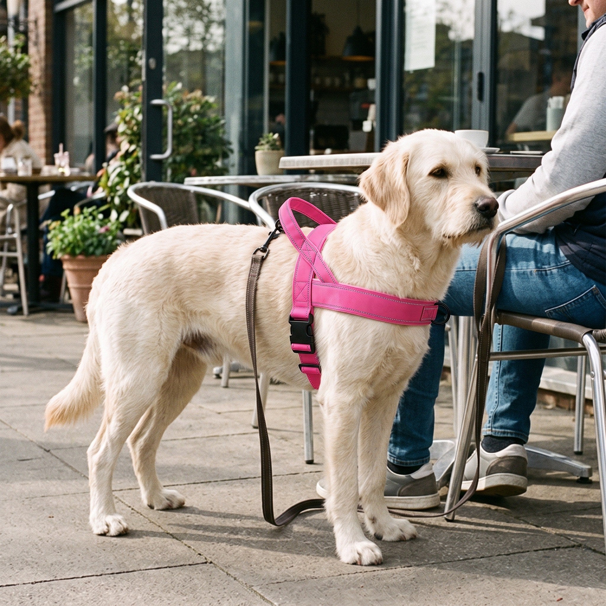 Dog wearing the adjustable webbing harness on a neighbourhood walk