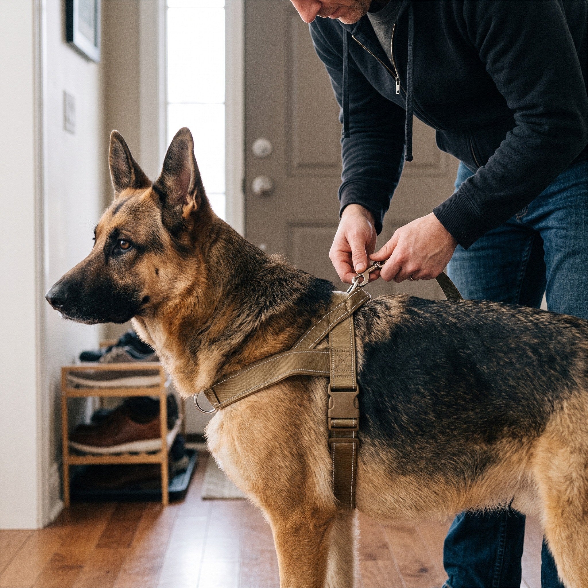 Owner clipping a lead to the harness in a hallway