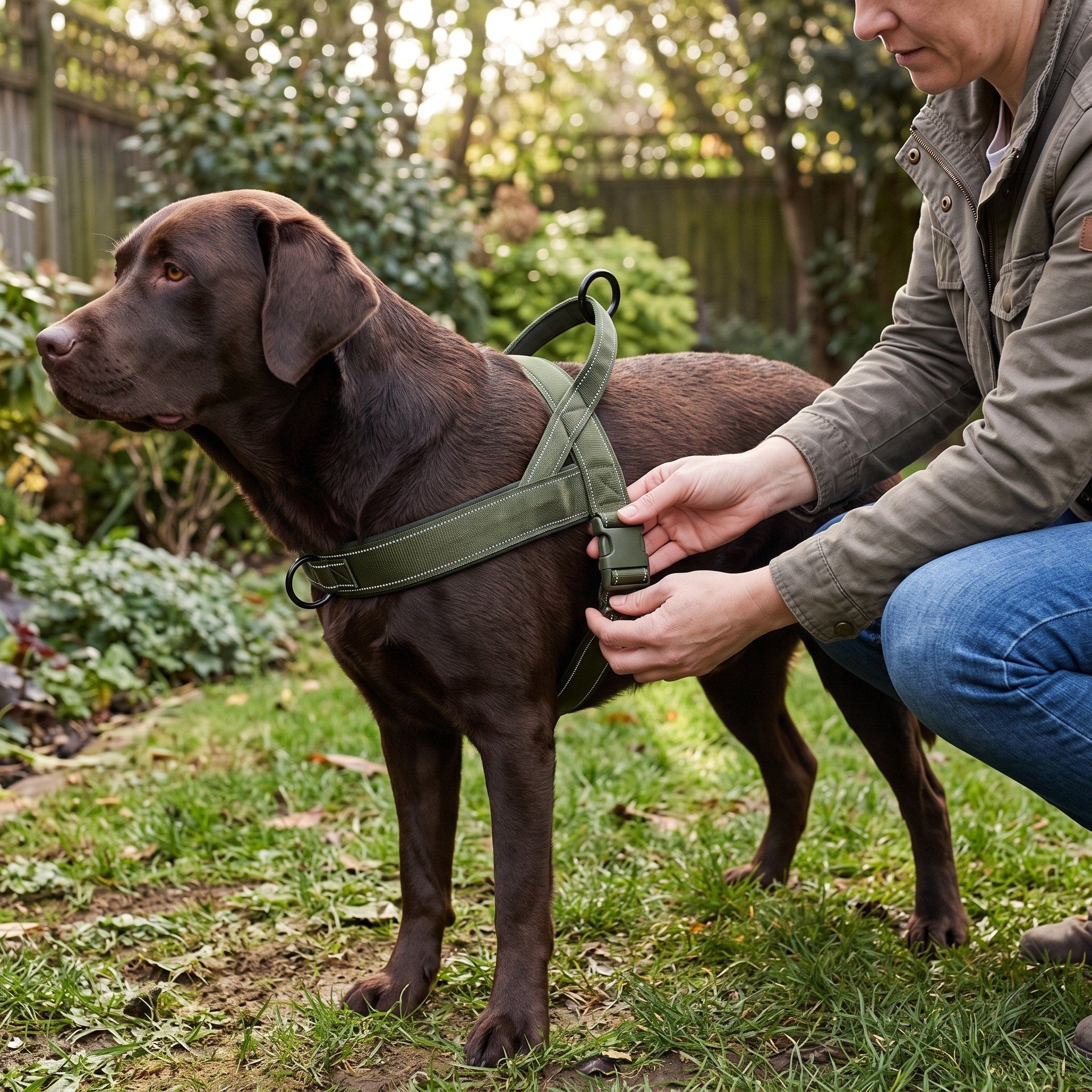 Owner holding the harness handle while their dog stands beside them
