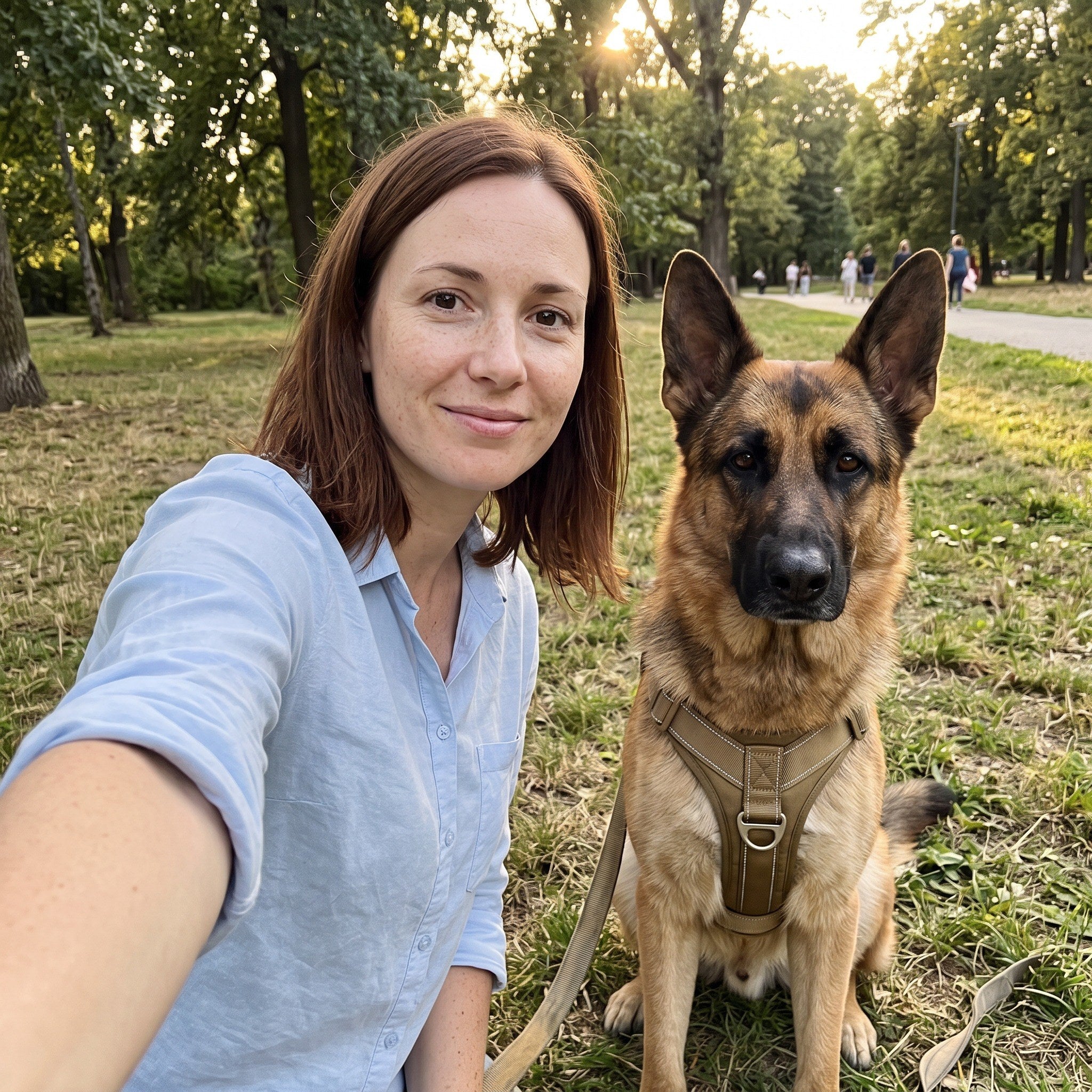 Emma R. with their dog wearing the Trail & Tail webbing harness