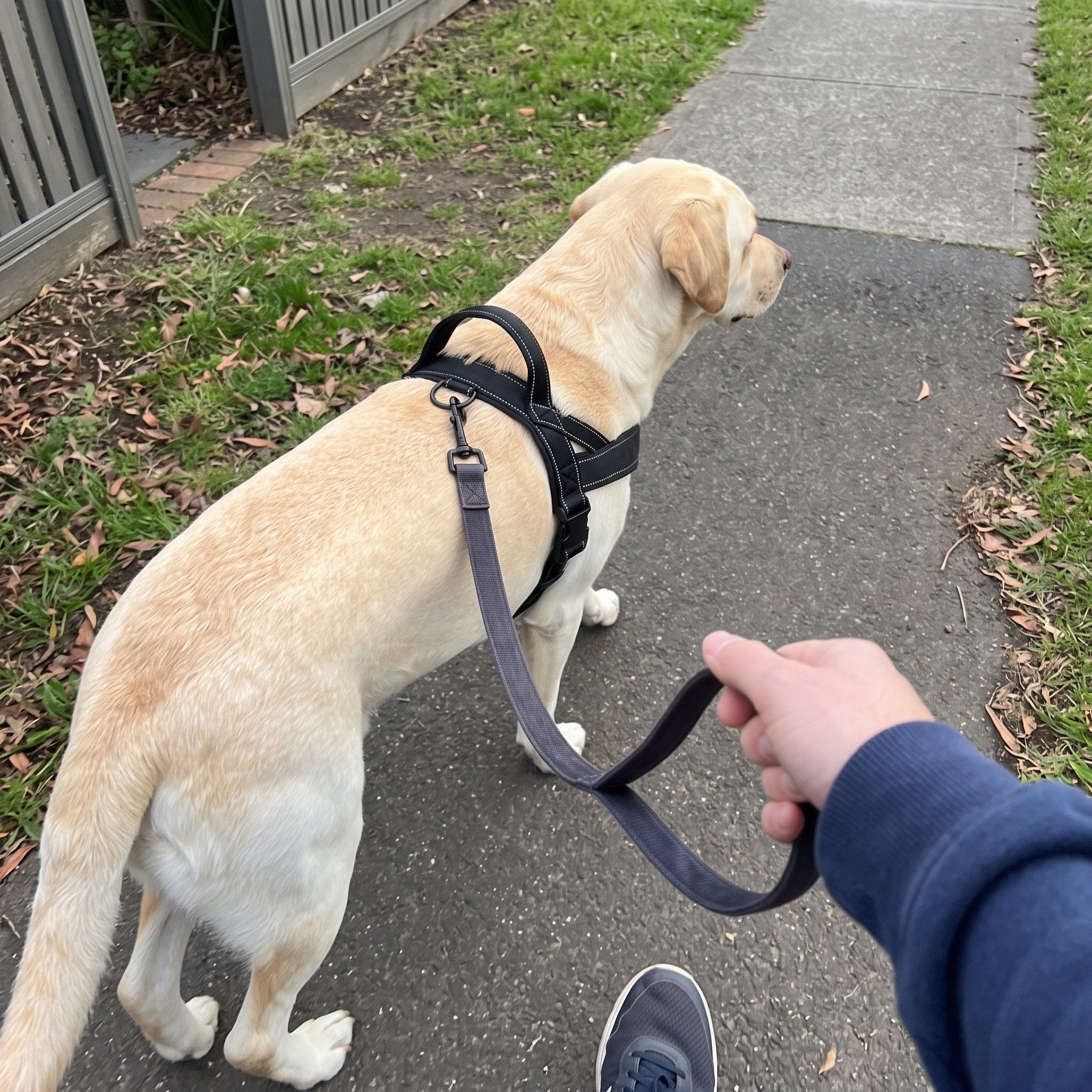 Daniel K. with their dog wearing the Trail & Tail webbing harness