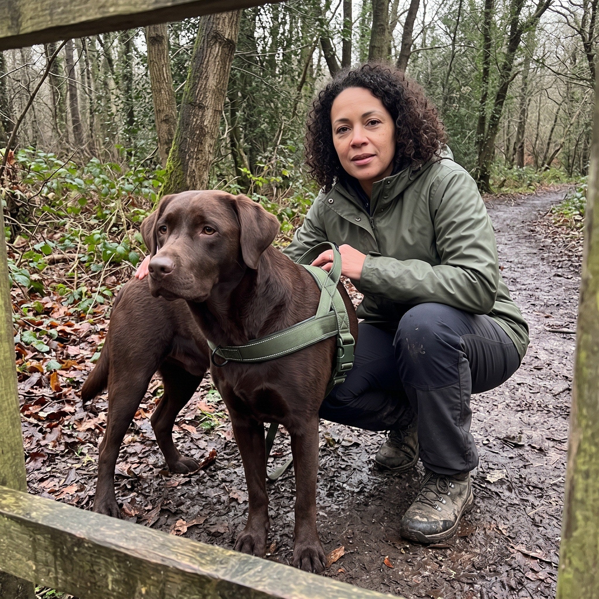 Sophie M. with their dog wearing the Trail & Tail webbing harness