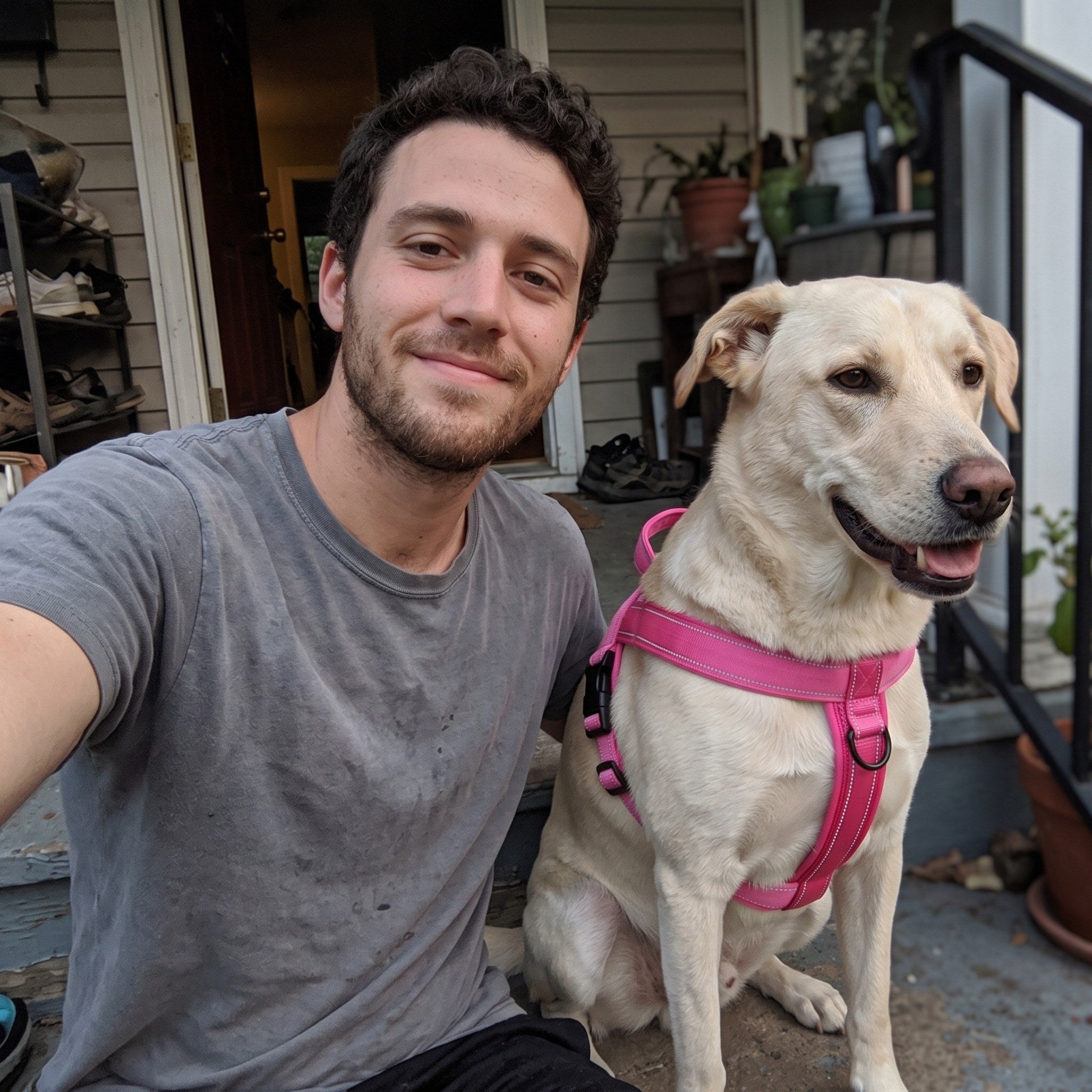Liam T. with their dog wearing the Trail & Tail webbing harness