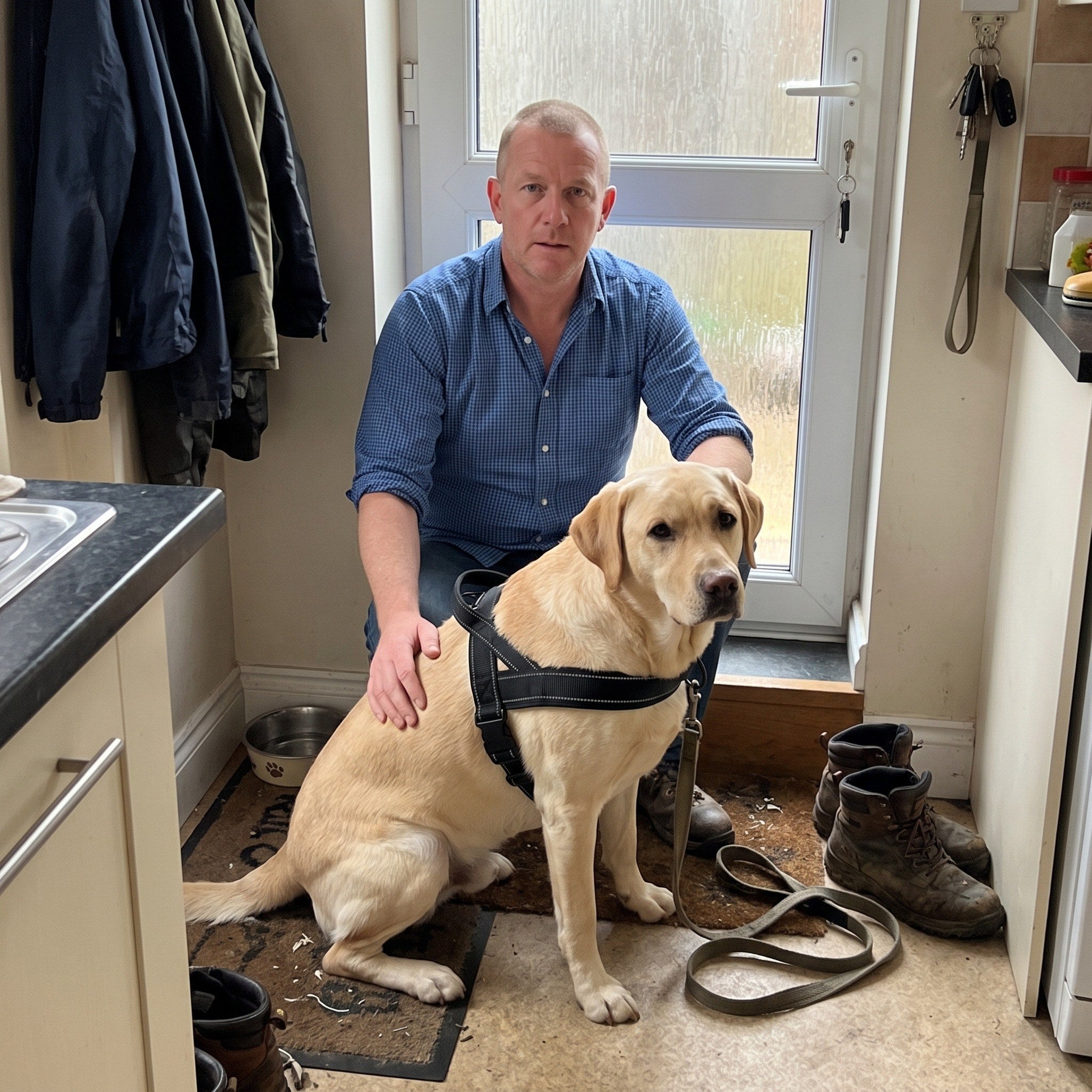 Noah C. with their dog wearing the Trail & Tail webbing harness